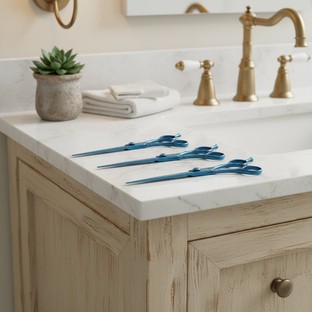 Three blue grooming shears on a white background