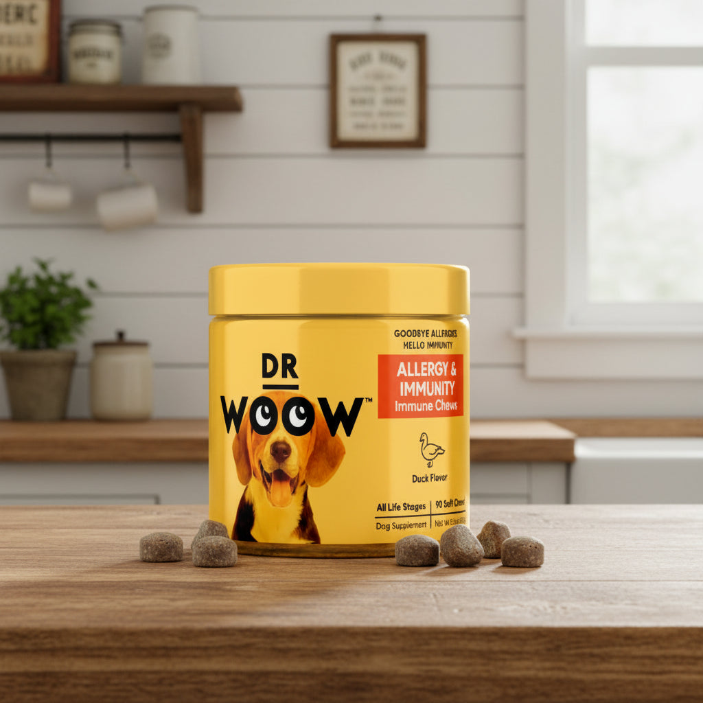 Yellow container of Dr Woow allergy and immunity immune chews for dogs with a dog on the label.