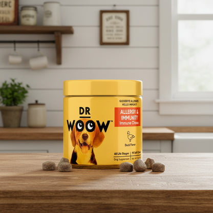 Yellow container of Dr Woow allergy and immunity immune chews for dogs with a dog on the label.