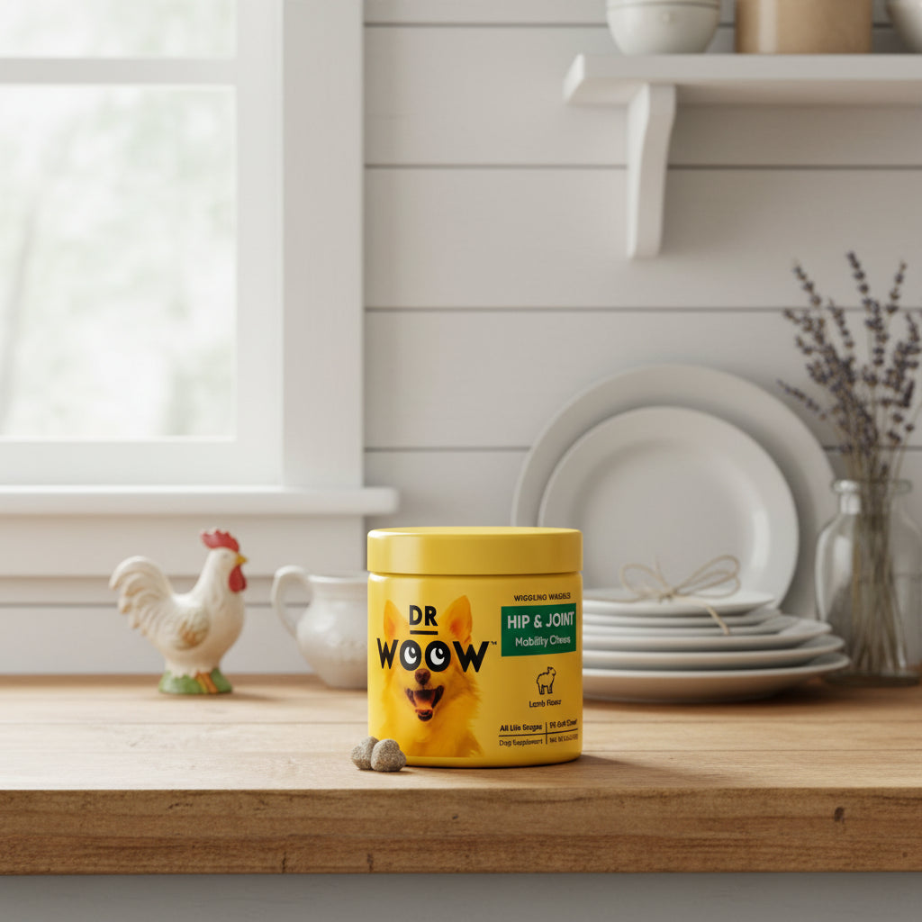 Yellow container of Dr Woow Hip & Joint Mobility Chews for dogs with a dog's face on the label.