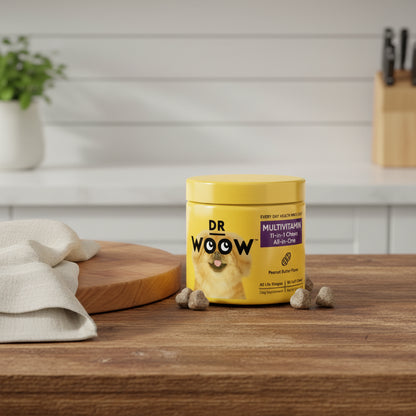 Dr Woow multivitamin chews for dogs with a yellow container and dog image on a white background