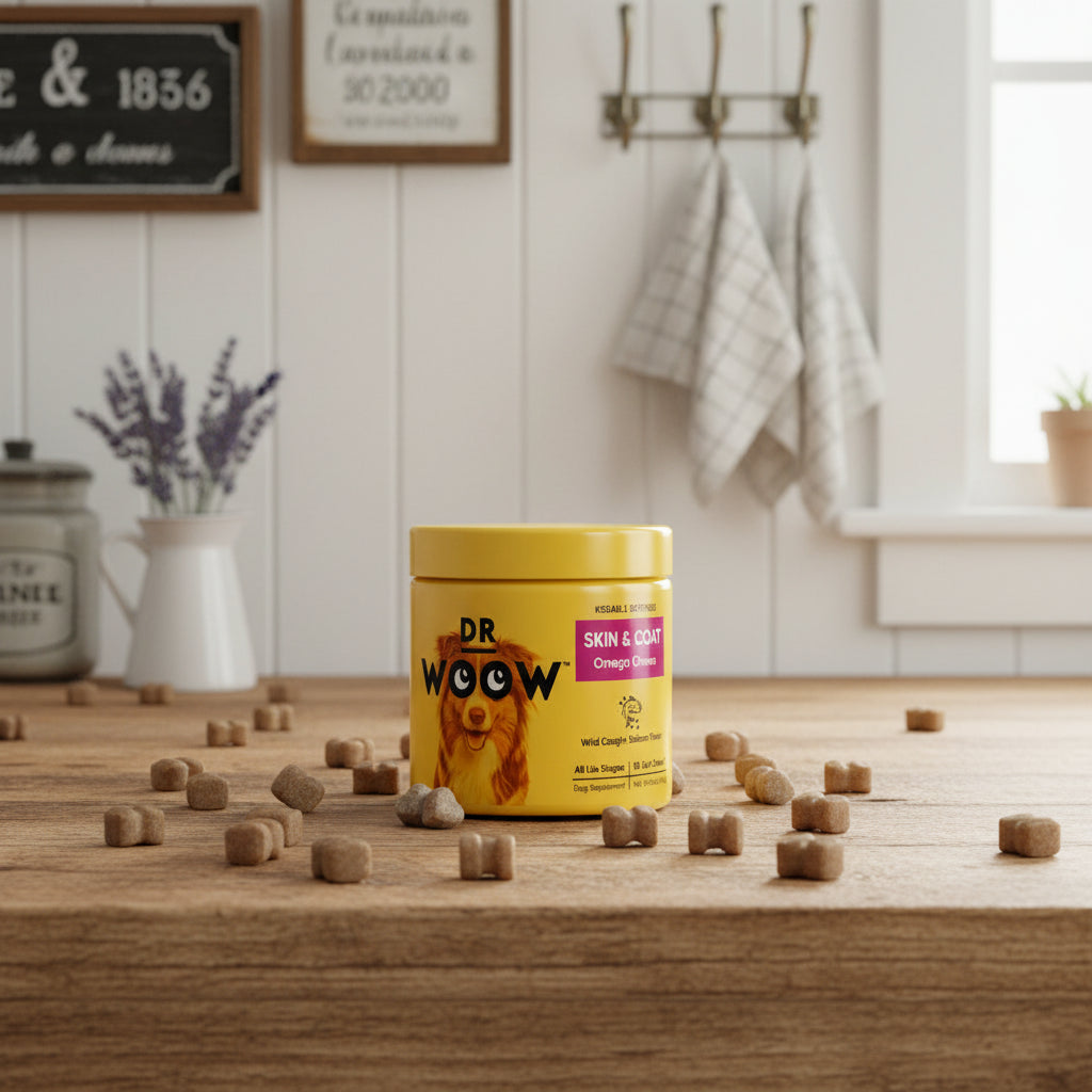 Yellow container of Dr. Woow Skin & Coat Omega Chews for dogs with a dog's face on the label.