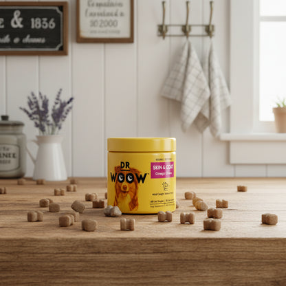 Yellow container of Dr. Woow Skin & Coat Omega Chews for dogs with a dog's face on the label.