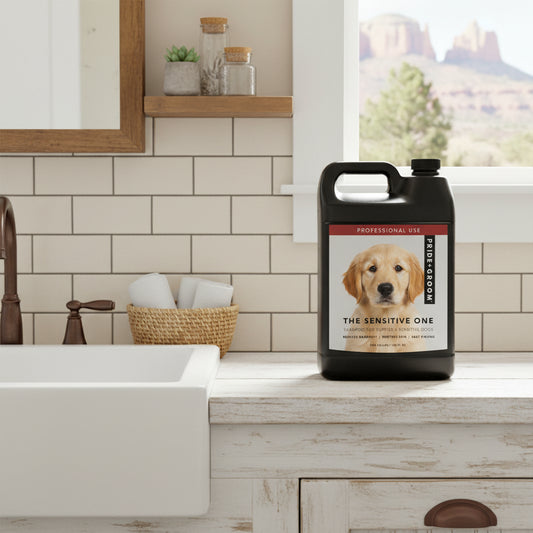 Black bottle of Pride & Groom 'The Sensitive One' shampoo for puppies and sensitive dogs on a white background.