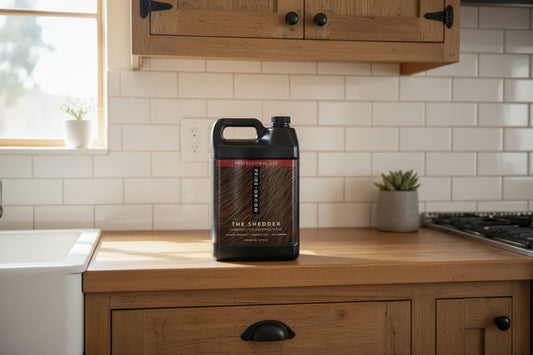 Gallon container of 'The Shedder' shampoo for shedding dogs by Pride Groom on a white background
