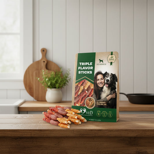 Package of Triple Flavor Sticks dog treats with a woman and dog on the label