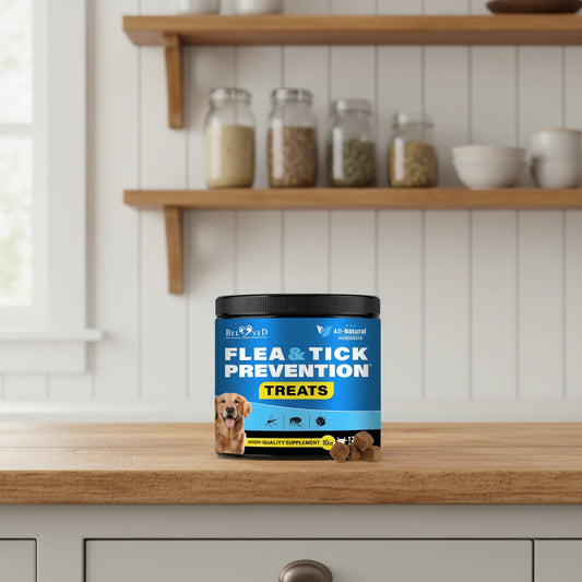 Flea and tick prevention treats for dogs by Beloved Pets on a blue container.