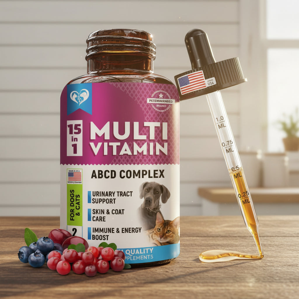 Multivitamin supplement bottle for dogs and cats with dropper and berries on a white background