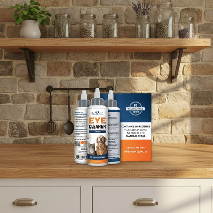 Beloved Pets Eye Cleaner lotion bottles with packaging and branding details.