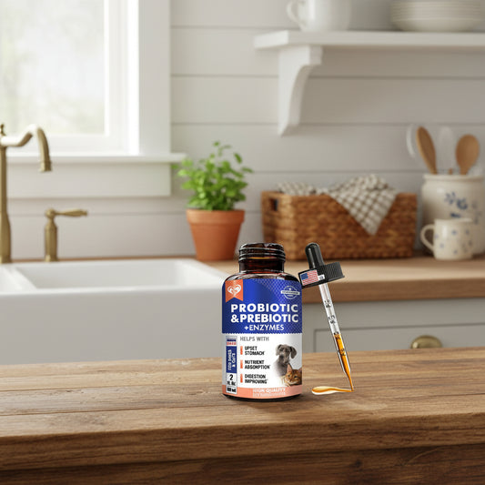 Pet supplement bottle with dropper labeled 'Probiotic & Prebiotic + Enzymes' for dogs and cats.