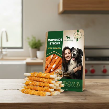 Rawhide sticks with chicken and packaging featuring a woman and dog on a white background