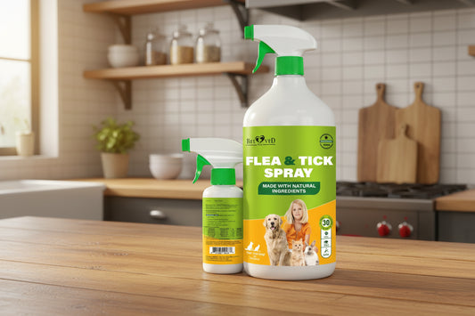 Flea and tick spray for pets with packaging featuring a child and dogs, surrounded by flowers and plants.