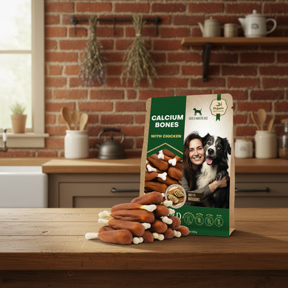 Dog treat package with calcium bones and chicken, featuring a woman and dog on the label.