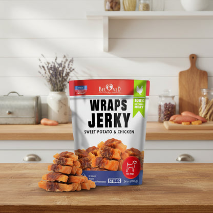 Bag of Beloved Pets Wraps Jerky Sweet Potato & Chicken for dogs with jerky sticks displayed in front.