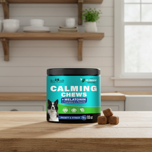 Jar of Beloved Pets Calming Chews with Melatonin for dogs on a teal background