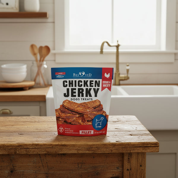 Package of Beloved Pets Chicken Jerky dog treats on a white background