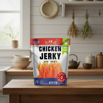 Package of Beloved Pets Chicken Jerky Dog Treats on a white background