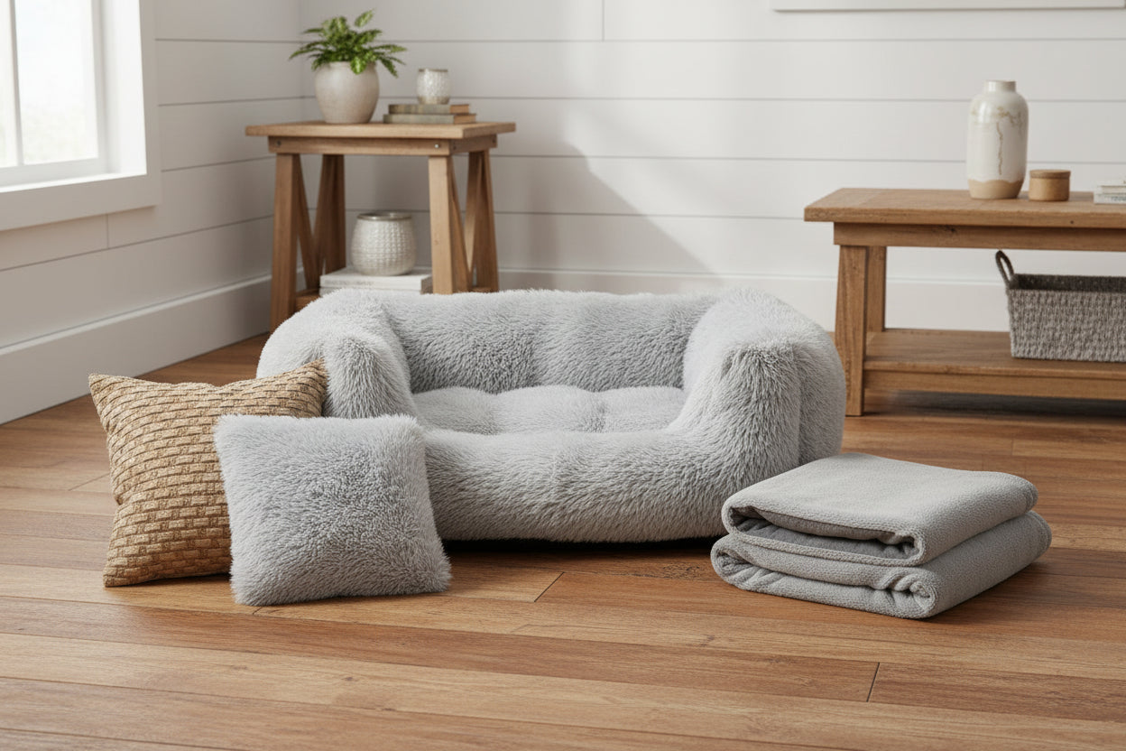 Gray pet bed with a smaller version of itself, a pillow, and a blanket on a white background.