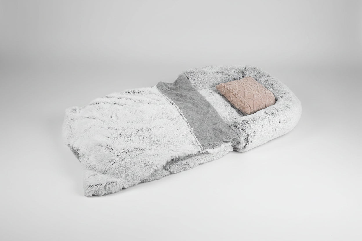 Foldable pet bed with additional features highlighted on a white background