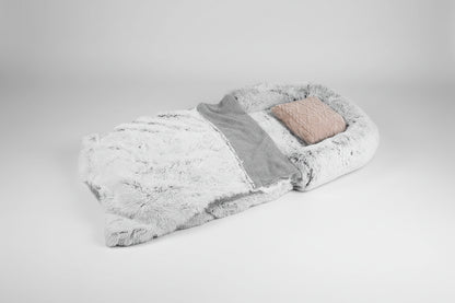 Foldable pet bed with additional features highlighted on a white background