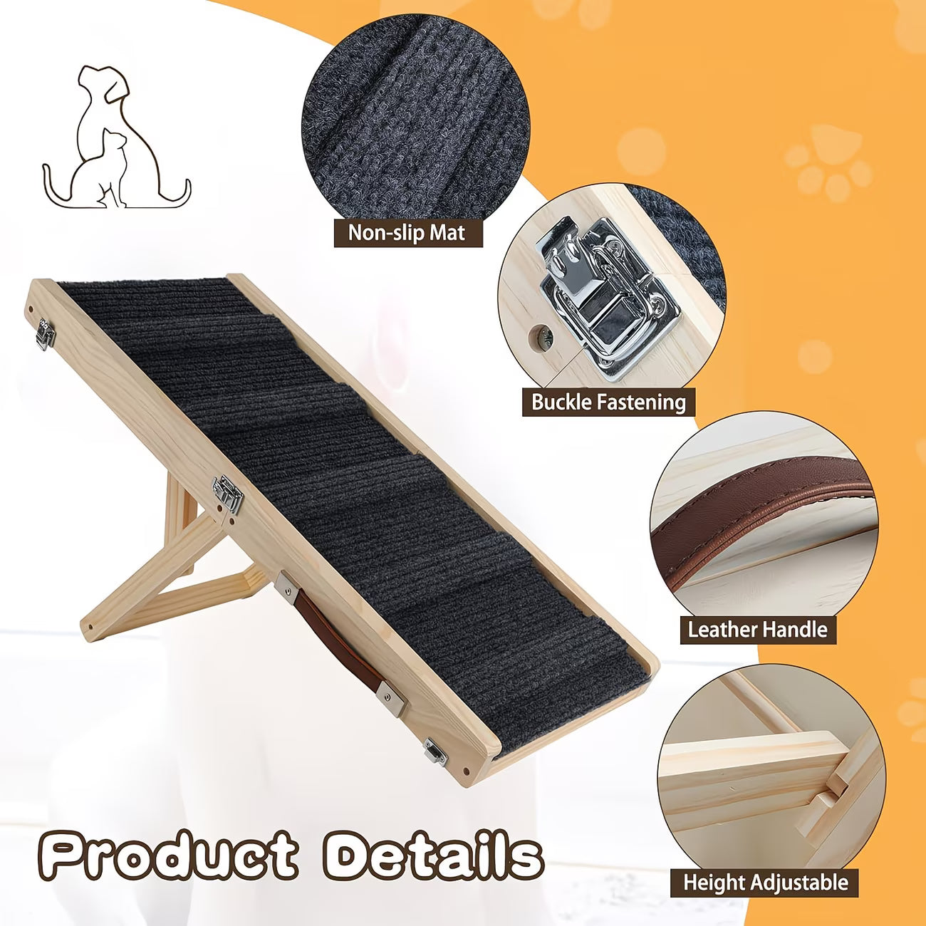 "VIP Access" Adjustable Wooden Pet Ramp w/ Non-Slip Mat - Foldable Dog & Cat Ramp for Be, Car, Sofa, Etc.