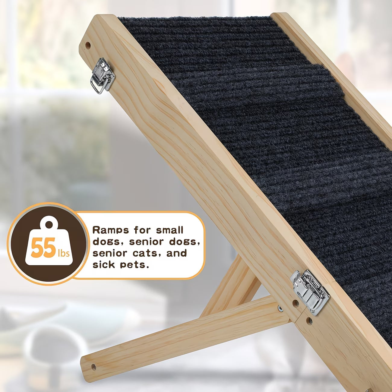 "VIP Access" Adjustable Wooden Pet Ramp w/ Non-Slip Mat - Foldable Dog & Cat Ramp for Be, Car, Sofa, Etc.