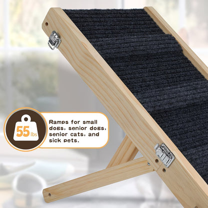 "VIP Access" Adjustable Wooden Pet Ramp w/ Non-Slip Mat - Foldable Dog & Cat Ramp for Be, Car, Sofa, Etc.