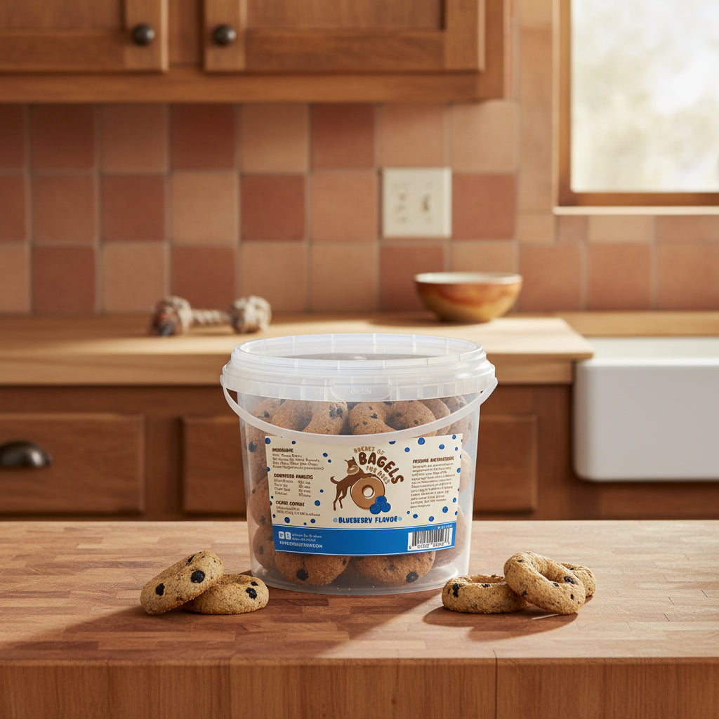 Bucket of blueberry-flavored dog treats with label on a white background