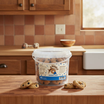 Bucket of blueberry-flavored dog treats with label on a white background