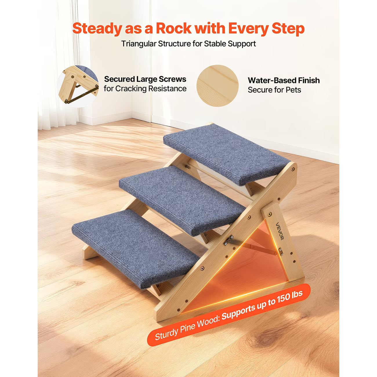 Wood 3-Step Pet Stairs Foldable Dog Ladder for Beds