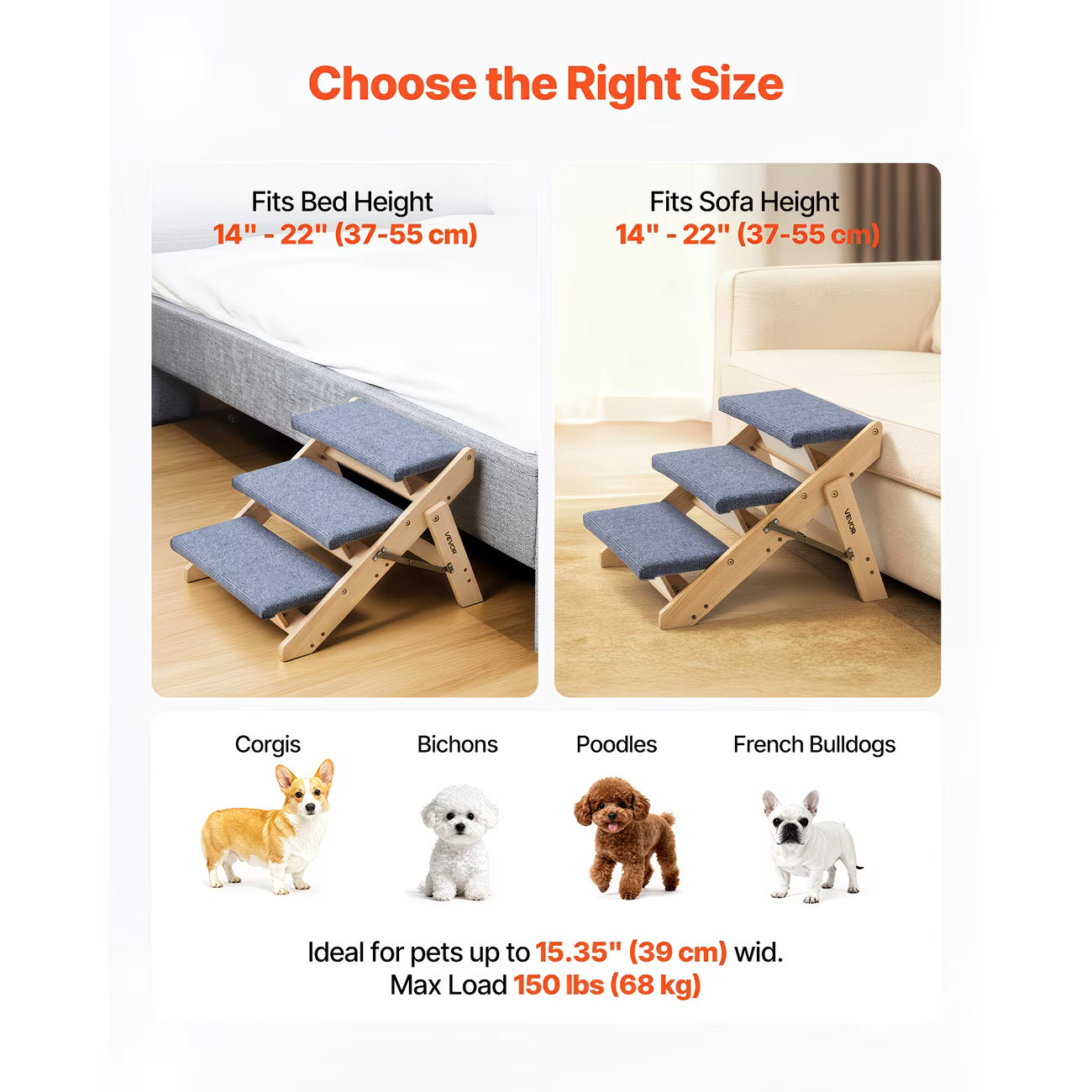 Wood 3-Step Pet Stairs Foldable Dog Ladder for Beds