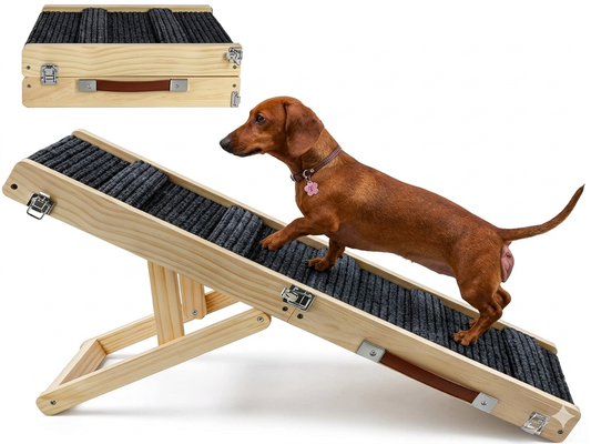"VIP Access" Adjustable Wooden Pet Ramp w/ Non-Slip Mat - Foldable Dog & Cat Ramp for Be, Car, Sofa, Etc.