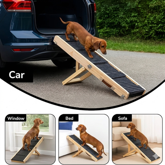 "VIP Access" Adjustable Wooden Pet Ramp w/ Non-Slip Mat - Foldable Dog & Cat Ramp for Be, Car, Sofa, Etc.