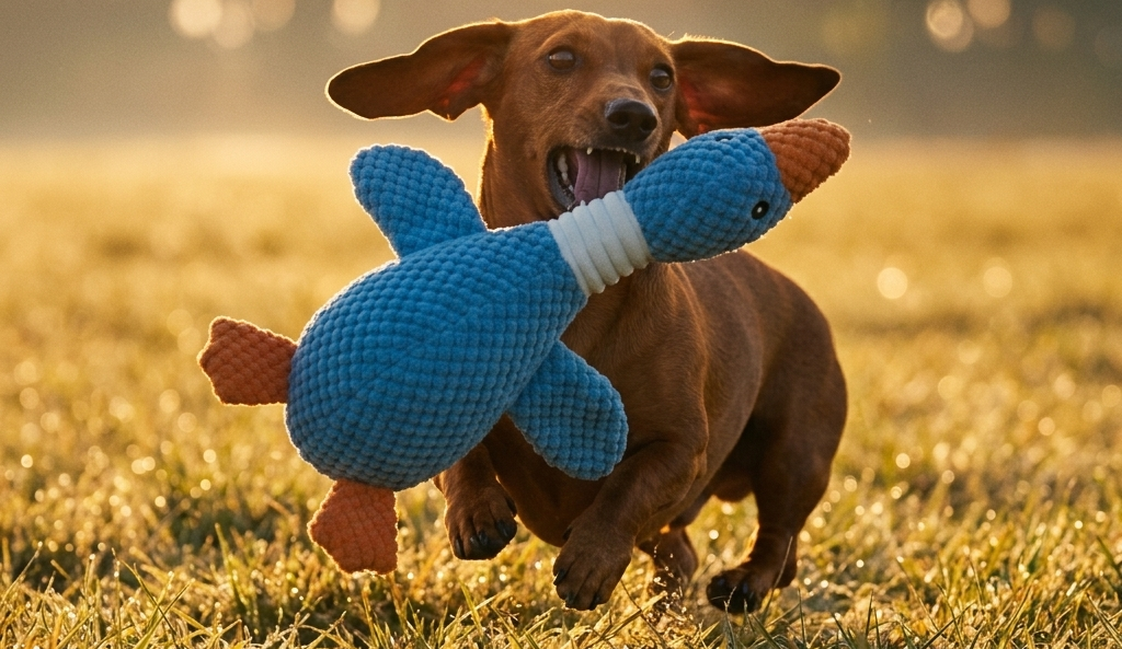 Dog running with a blue toy in a field at sunset